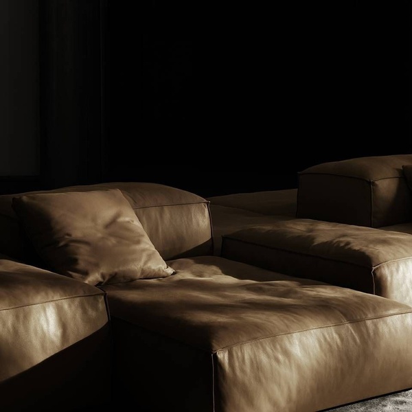 leather sofa, sectional sofa, lounge sofa, living room furniture, leather couch, brand awareness, minimalist, editorial, luxurious, calm, brown, black, neutral